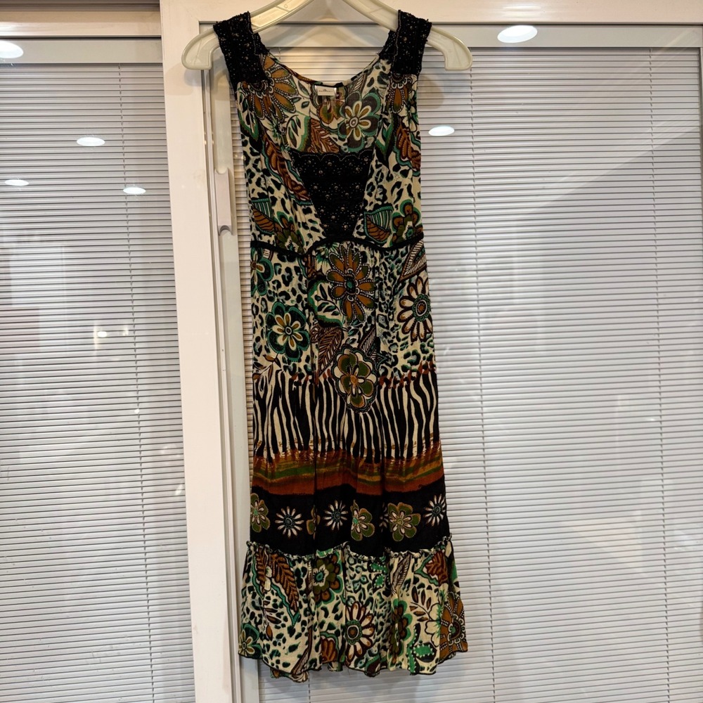 Forbidden Boho Mixed Floral Leopard Print Beaded Crochet Lace Midi Dress Wmns Sm